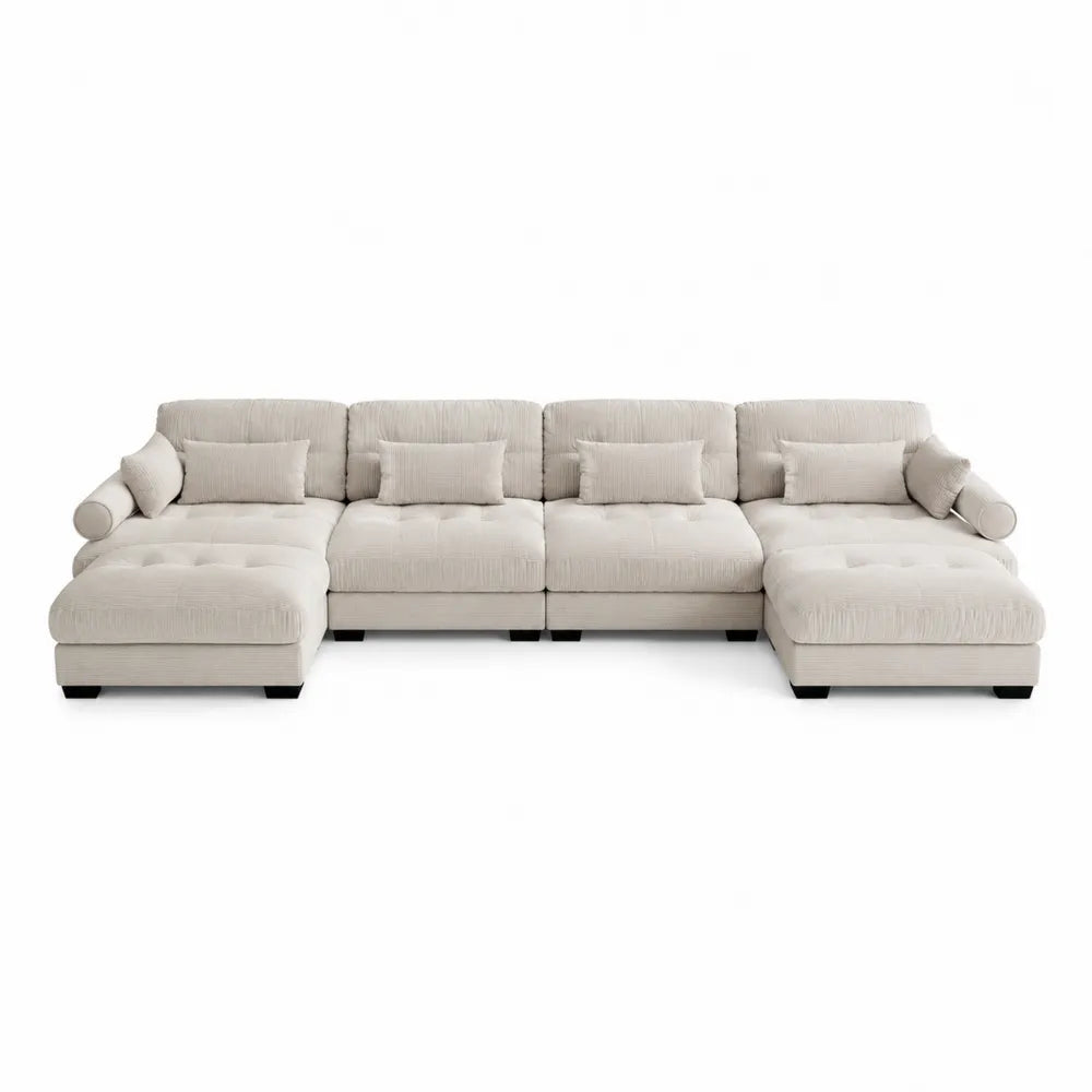 Sofá modular en L beige con tejido de pana
