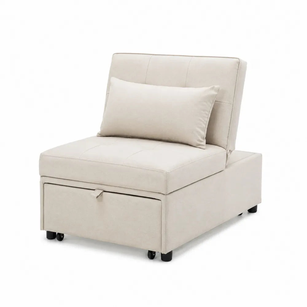Sofá cama individual con almacenamiento y ruedas, poliéster beige