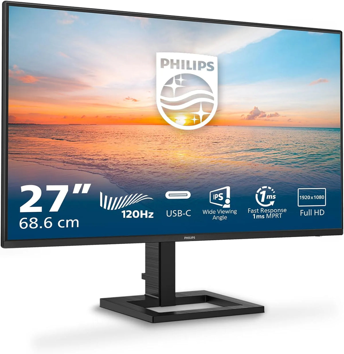 PHILIPS 27E1N1300AM, Monitory, FILIPS 27 palců FHD USB monitor, 120Hz, IPS Panel, 4ms GtG, nastavení výšky, Černá, 1920x1080, 1x 1, 65 W