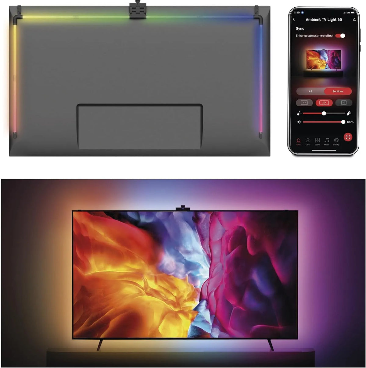 EMOS, LED pásky, Smart TV Backlighting pro 65 'TV (164 cm) - Odnímatelné RGBIC LED světelné, Černá, 65 ', 164 cm, 610 l, 2, 4 G