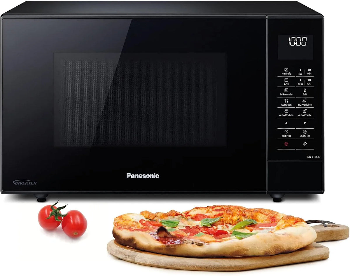 Panasonic NN-CT56JBGPG, Teplovodní mikrovlnná trouba, Slimline Combi Mikrovlnná trouba s grilem, Skleněná kulatá, 27 l, 1000 W, 40 /, Černá