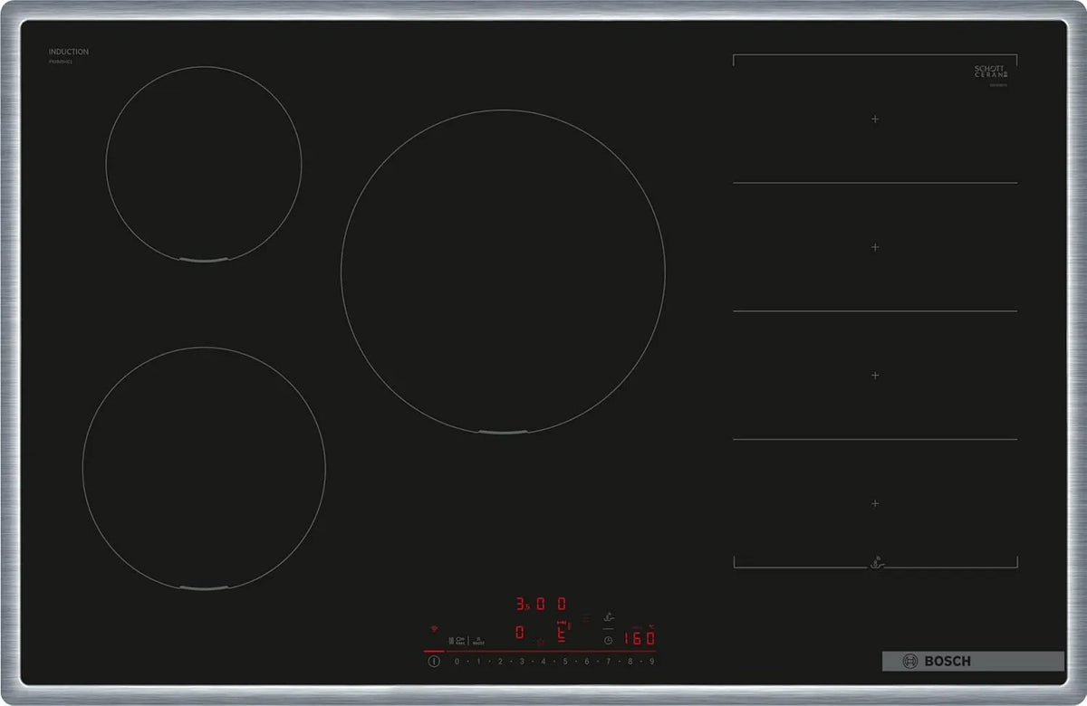 Bosch PXV845HC1E, Varné desky, ová série 6 Smart induction spob (autonomní), široká 80 cm, volný prostor, 28 cm, Černá, 80 cm
