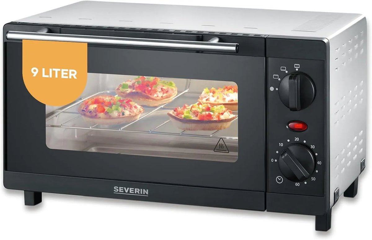 SEVERIN, Mini trouby, Mini pečení a toasty trouba, kompaktní pečicí trouba včetně grilu mřížky a pečení, Stříbro / Černá, 800W, 9L, 2052 V
