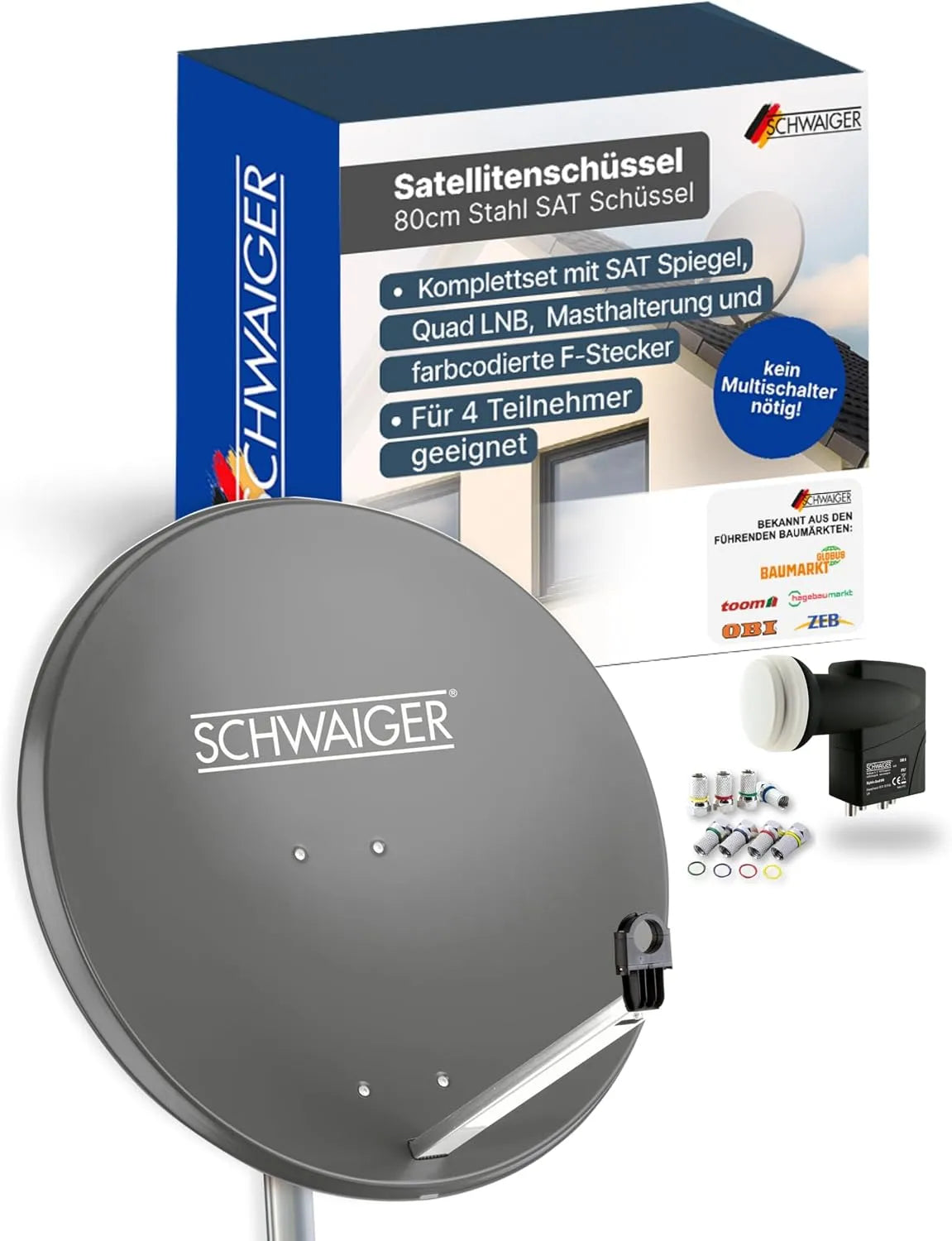 SCHWAIGER 4-Fach 4-Pole, Kompletní satelitní zařízení, Kompletní sada na satelitní dish - Ø80cm ocelová offset Antenna v Antracitu, antracit, 80cm
