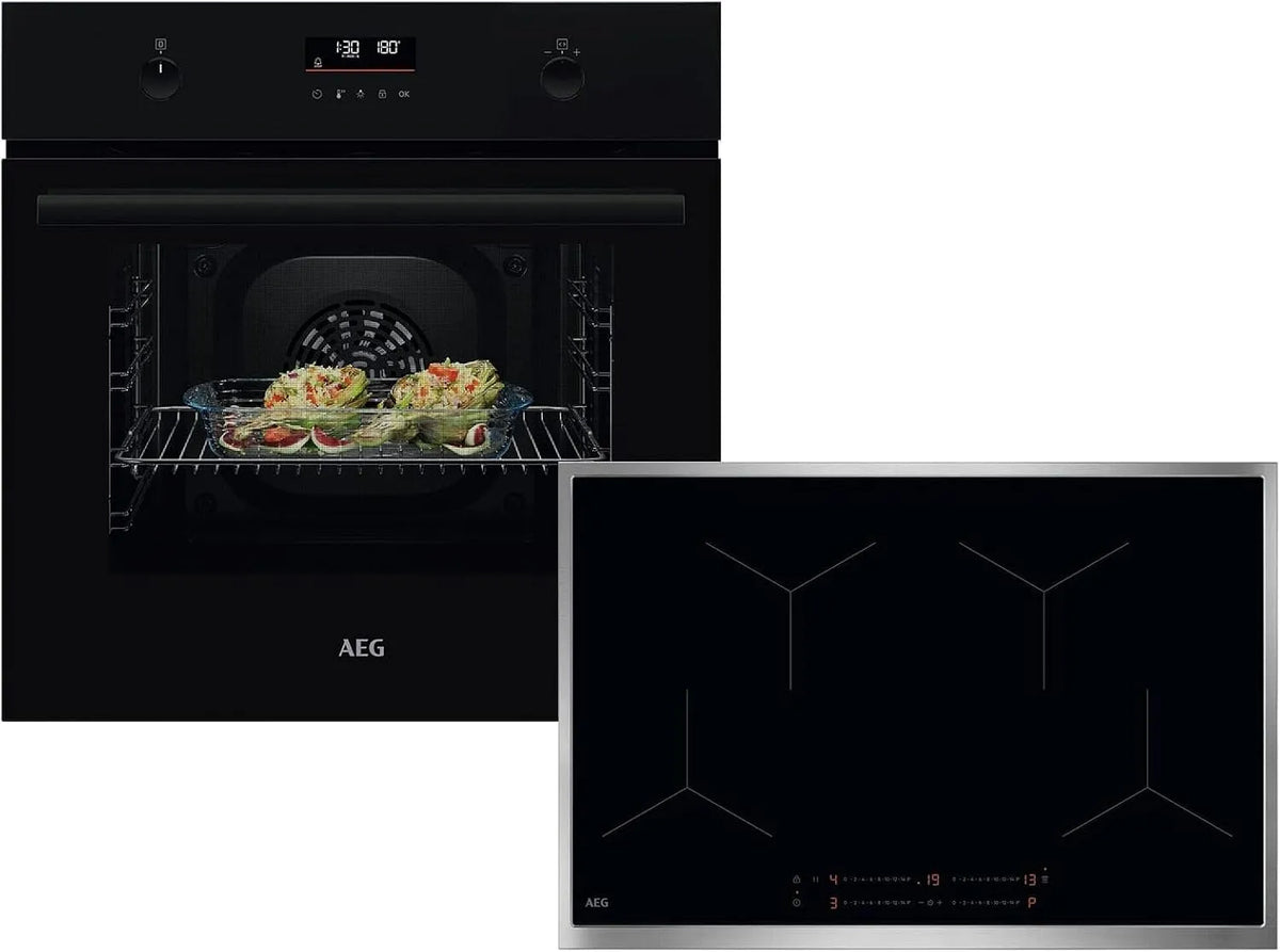 AEG AB37BP BPK53516XB, Sety sporáku a trouby, sada Pyrolýzní pekárenský nábytek + Indukční Cooktop OIO84A00XB, Černá, 77 cm, 65 l, 40 W
