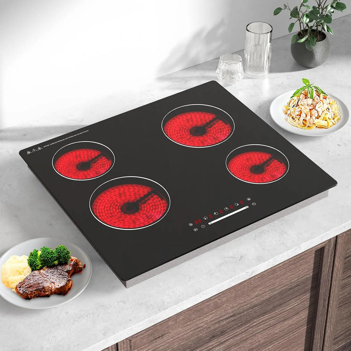 Nardea, Varné desky, 60 cm Skleněná keramická varná deska 4 zóny, 6000W elektrický keramický varná, Černá, 60 cm, 6000W, 560 × 490 mm, 4 v
