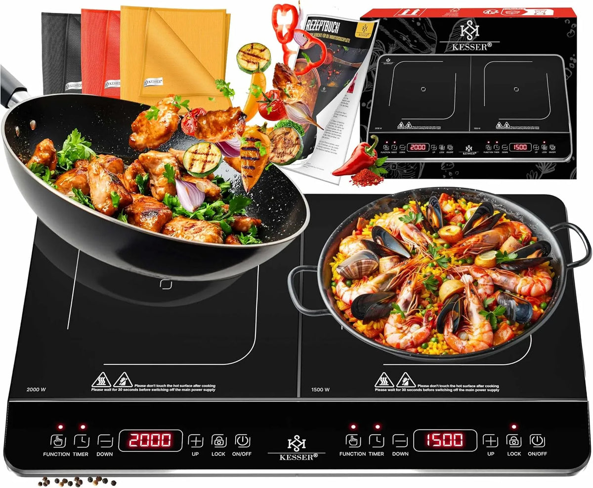 KESSER 4-Stunden-Timer 220-240V, Elektrické vařiče, ® Induction Hotplace Induction Hot-Hold 2 desky 3500W Přenosný 57cm Hotplate + 3x, Černá