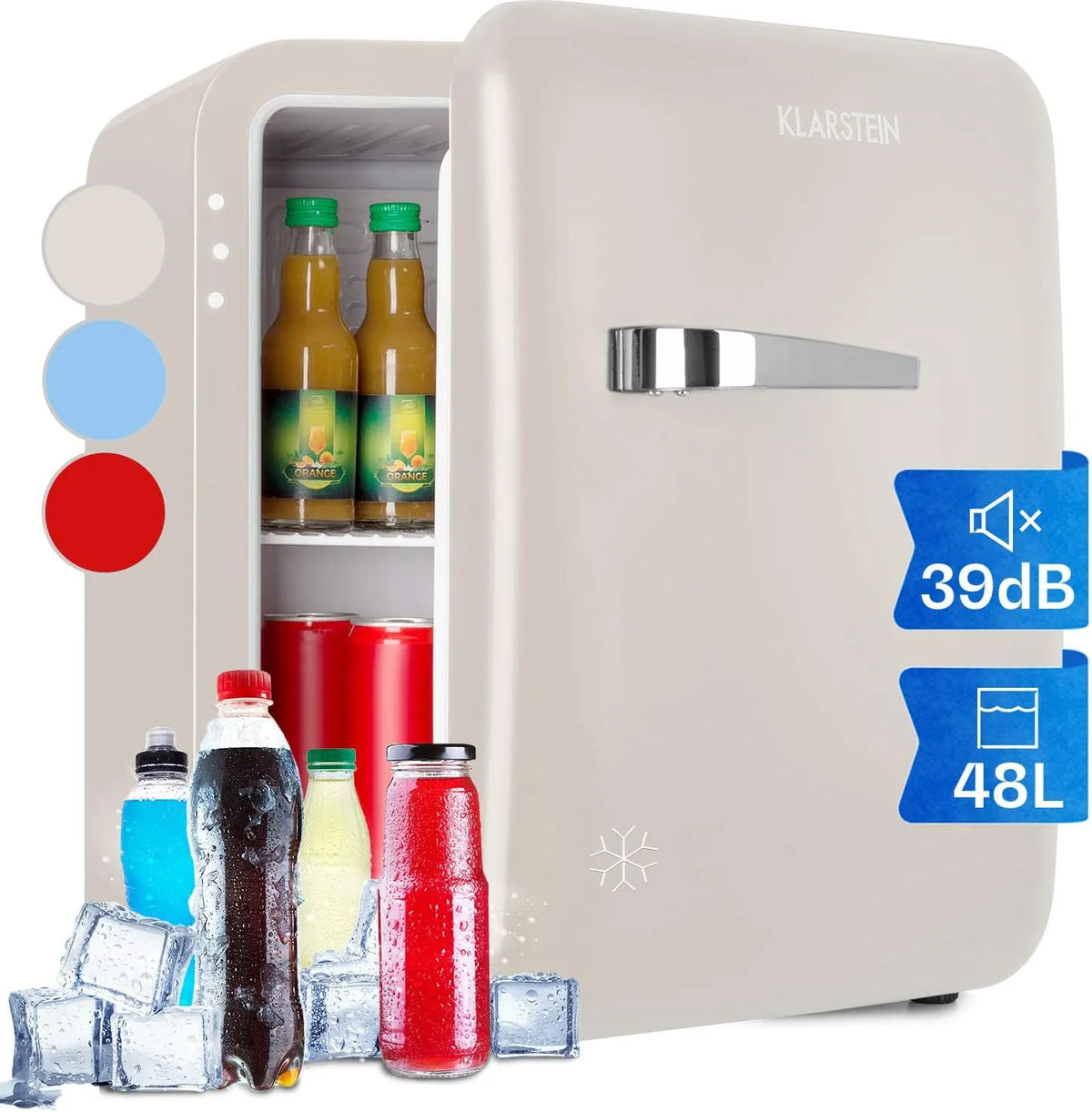 Klarstein, Minichladničky, Mini Lednice na pokoje, 48L Mini Lednice na nápoje a kosmetiku, malý minibar, Bílá, 48L, 39 dB, 44 x 50 x 49, 55 cm