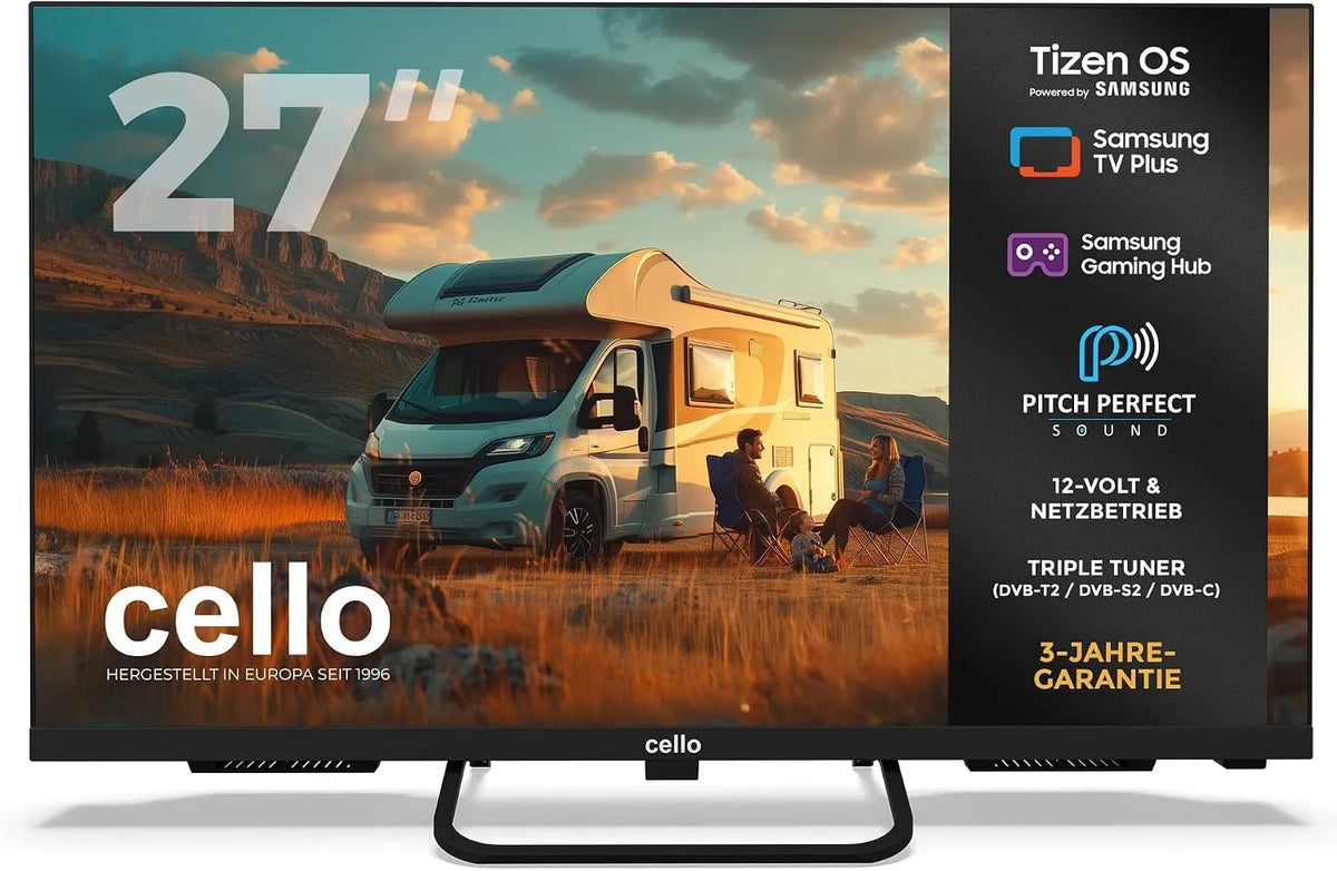 Cello CTRAV-27TZ 1080p, Televizory, 27 'Smart 12V Traveller- TV, 2024, Tizen OS, satelitní příjem, Gaming Hub, Černá, 27 ', 12V, 230 V, 3 L