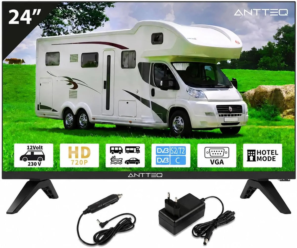 Antteq DVB-C/T2/S2 AE24H5C-Q1, Televizory, AE24H5C- Q1 TV 24 palců (60 cm) HD LED s 230V & 12V autoadaptérem, trojitý tuner, Černá, 60 cm, 230V
