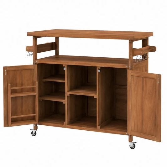 Carrito de cocina de madera de acacia con estantes y ruedas