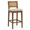 Taburete de madera y ratán con asiento de lino beige