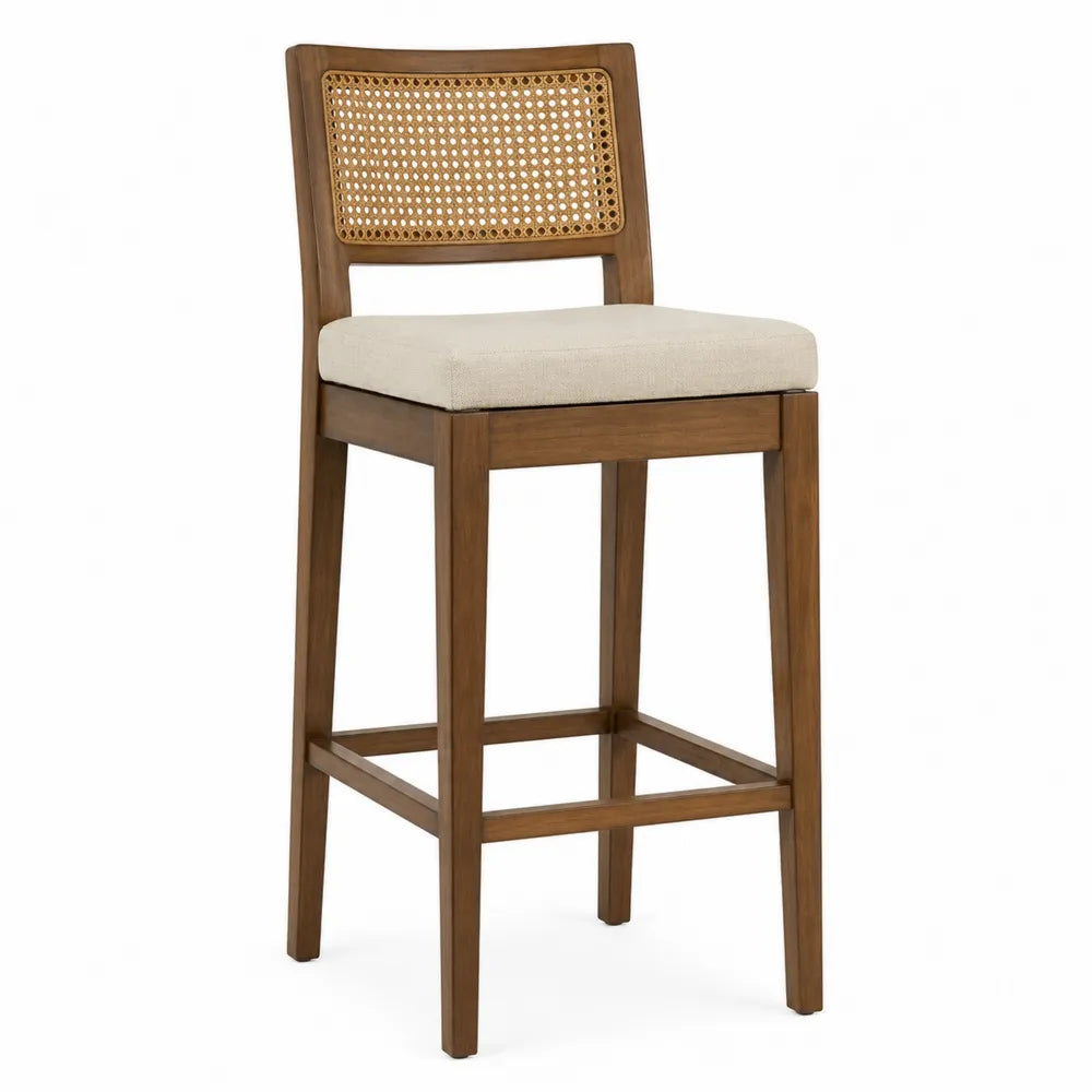 Taburete de madera y ratán con asiento de lino beige