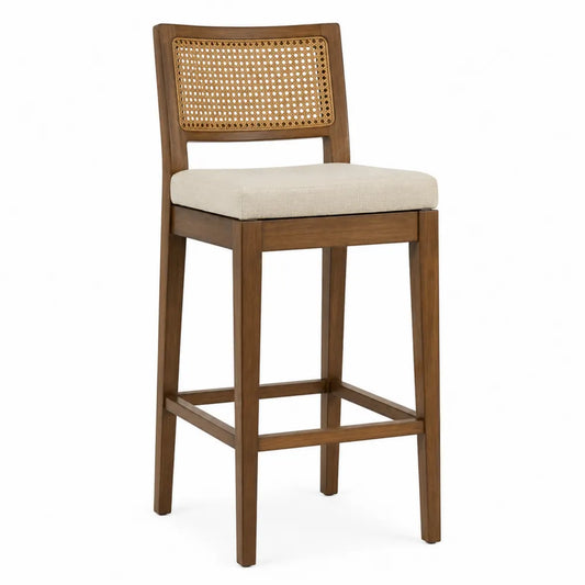 Taburete de madera y ratán con asiento de lino beige