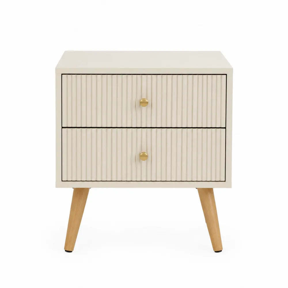 Mesita de noche beige con 2 cajones de MDF y patas de madera
