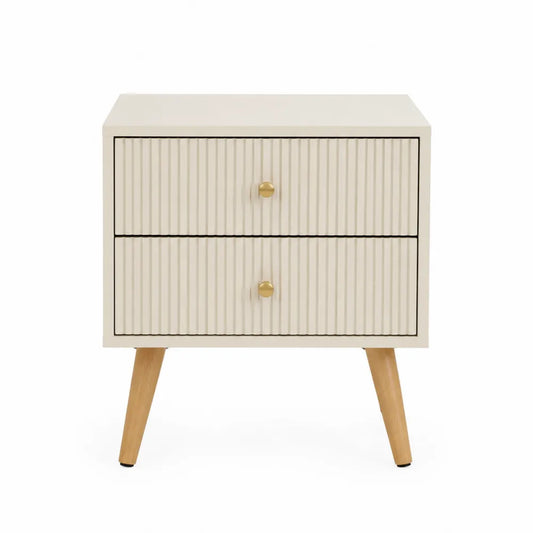 Mesita de noche beige con 2 cajones de MDF y patas de madera