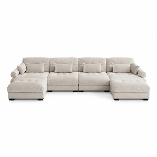 Sofá modular en L beige con tejido de pana