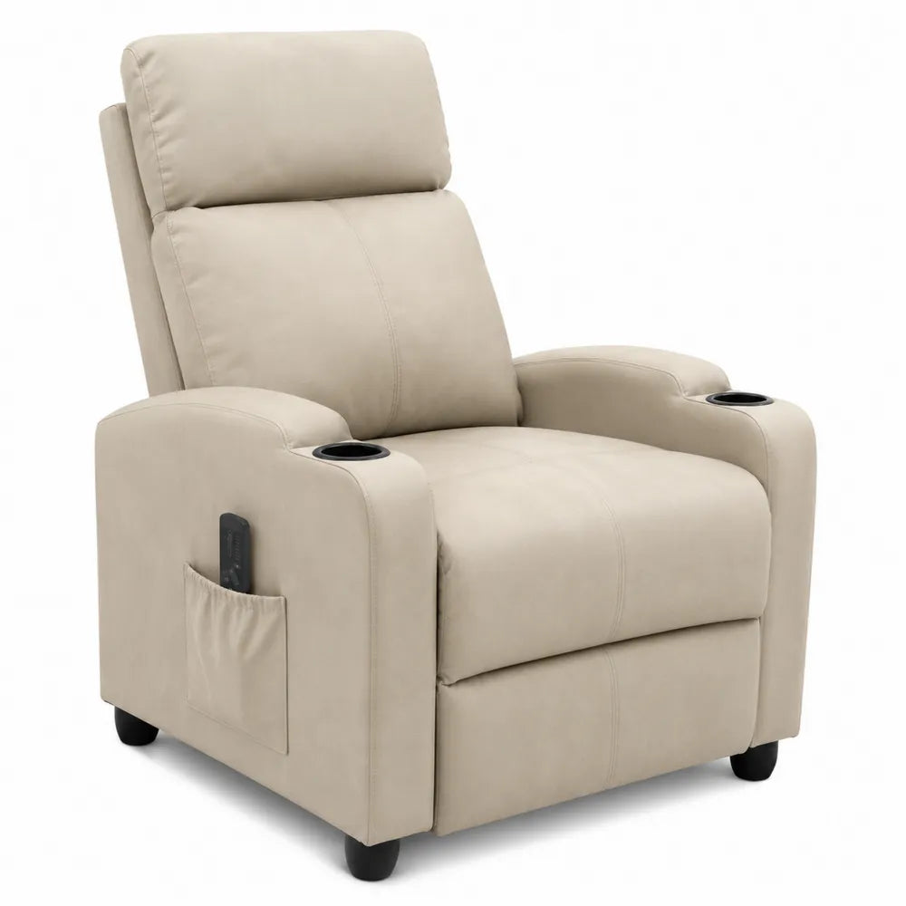 Sillón reclinable de cuero sintético beige con portavasos y bolsillo lateral