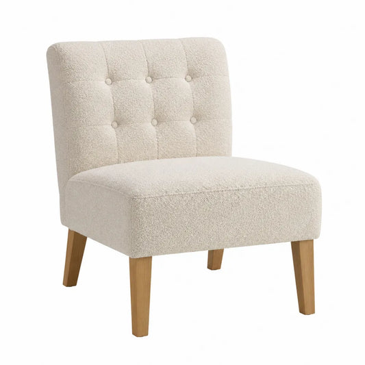 Silla tapizada en poliéster beige con patas de roble