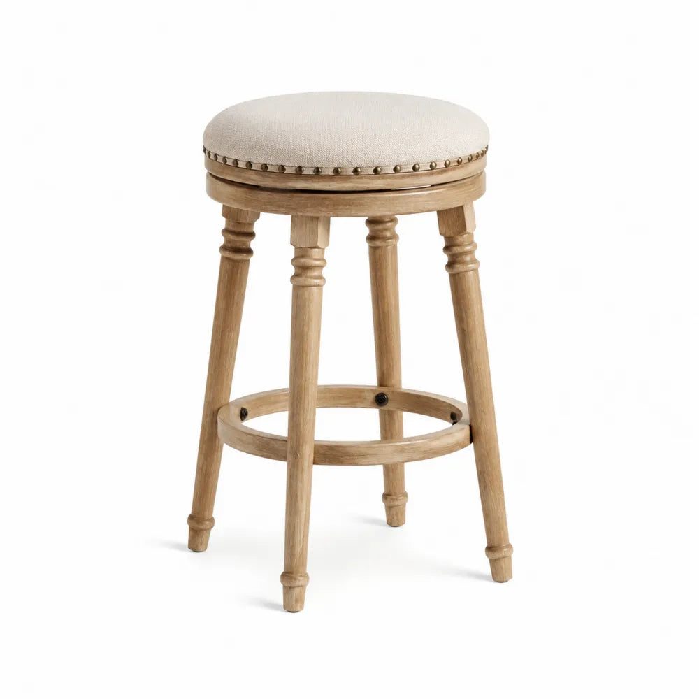 Taburete de madera con asiento de tela beige, 55 cm