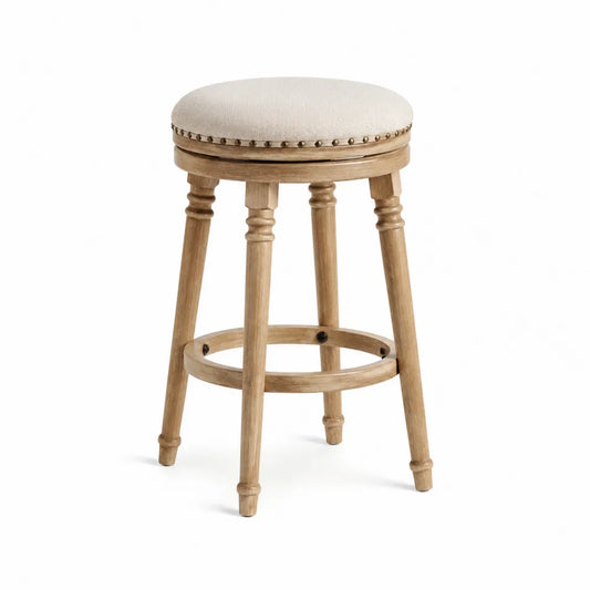 Taburete de madera con asiento de tela beige, 55 cm