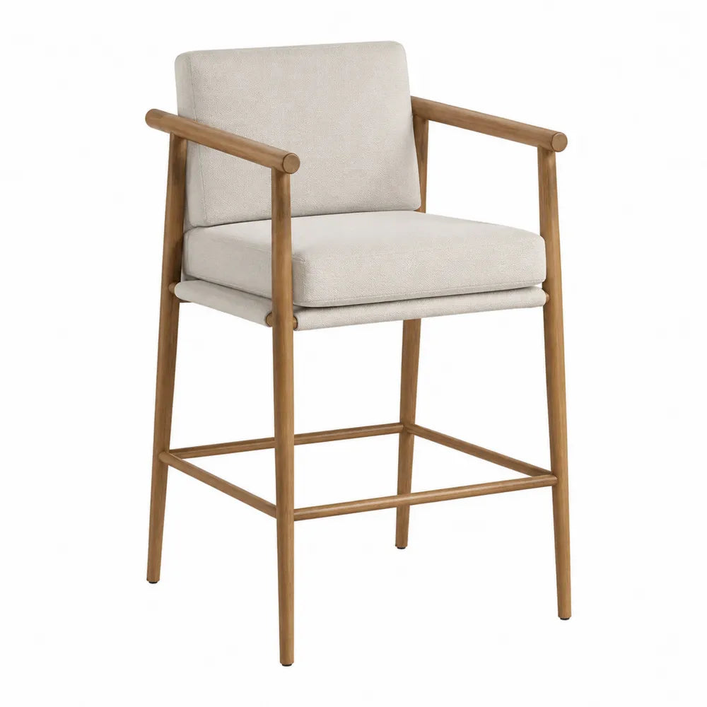Silla de Bar Beige con Estructura de Madera y Cojín de Poliéster