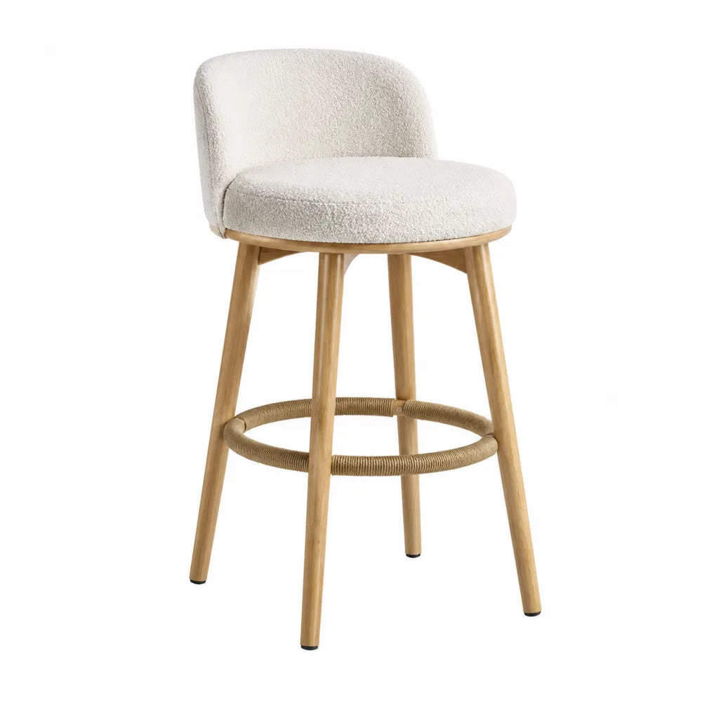 Taburete con respaldo de tela de poliéster beige y patas de madera de haya, altura 75 cm