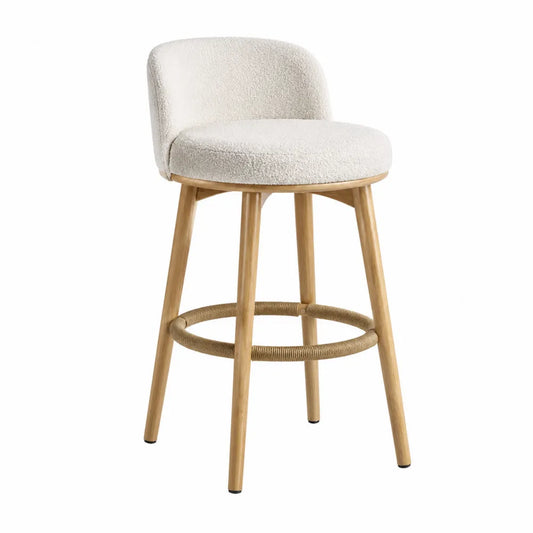 Taburete con respaldo de tela de poliéster beige y patas de madera de haya, altura 75 cm