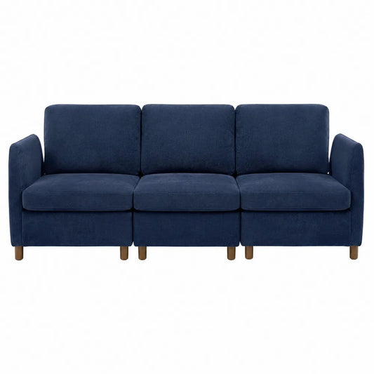 Sofá modular 3 plazas de tela azul marino con patas de madera