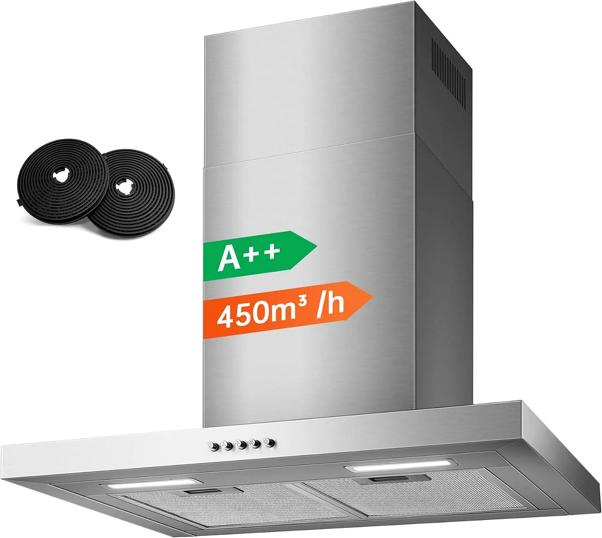 TopStrong 3-Stufen 450m3, Nástěnné digestoře, 60cm sada stěnových krytů, / h T- Tvar kapota, 3- krok mechanické, A + +, Stříbrná, 60cm, 65 dB