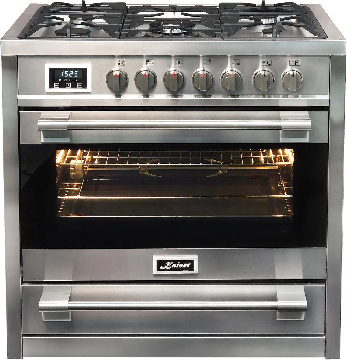 Kaiser, Sporáky, Gasstad 90 cm HGE 93505 R Turbo Freestanding plynové sporák s elektrickým troubou, Stříbrná, 90 cm, 115L, 60 × 90 × 90 cm