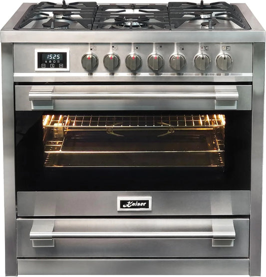 Kaiser, Sporáky, Gasstad 90 cm HGE 93505 R Turbo Freestanding plynové sporák s elektrickým troubou, Stříbrná, 90 cm, 115L, 60 × 90 × 90 cm