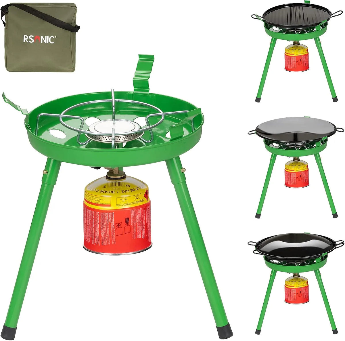 Mianova 4in1, Kempinkové sporáky, Kempinkové sporáky + ploché pekařské sporáky + BBQ + Wok Gril + 4 x 500g Butanové, Zelená, 4 x 500, 4 v