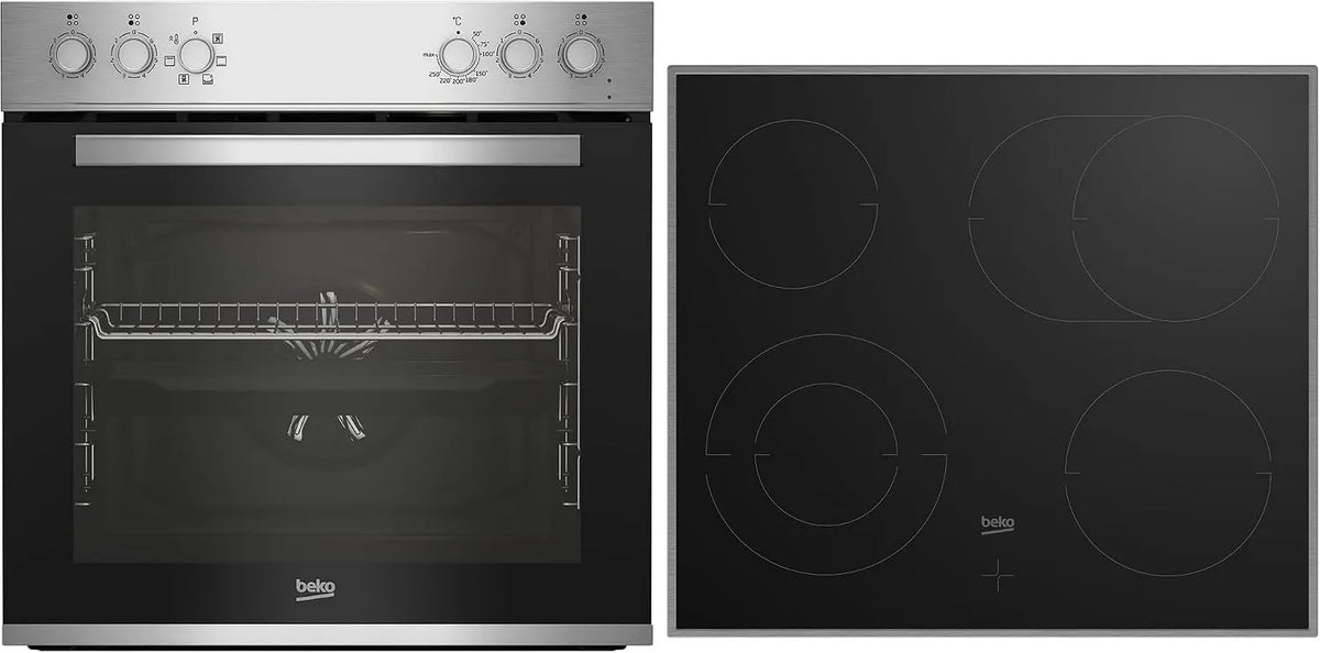 Beko BBUE12020X, Sety sporáku a trouby, built- in sporák set, multifunkční pec s 6 topnými typy a skleněnou keramickou, Černá / stříbrná, 72 l