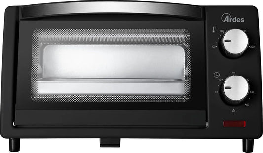 Ardes AR6211B, Mini trouby, Elektrická malá trouba kapacita 10 l S vnitřním osvětlením Regulovatelný, Černá / stříbrná, 10 l, 800W, 24 × 18