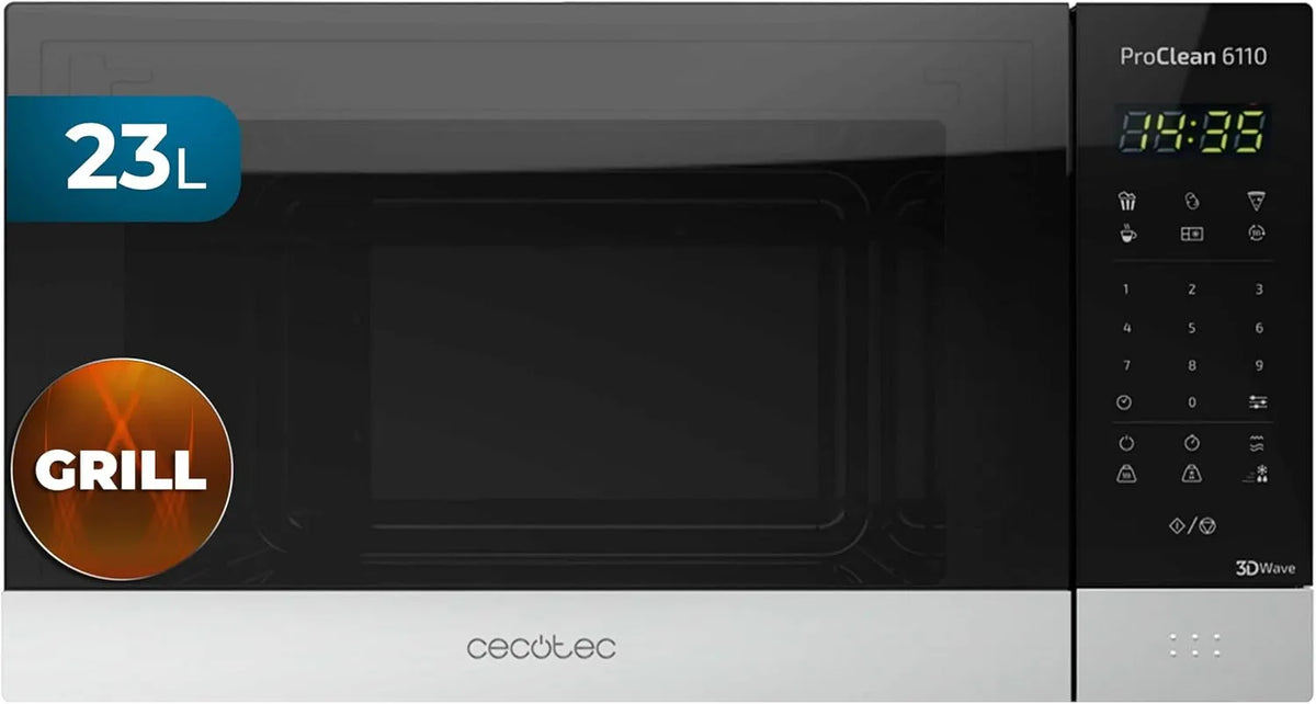 Cecotec, Samostatné mikrovlnné trouby, mikrovlnná trouba ProClean 6110, 800 W, Grill 1000 W, 23L, Černá / stříbrná, 1000 W