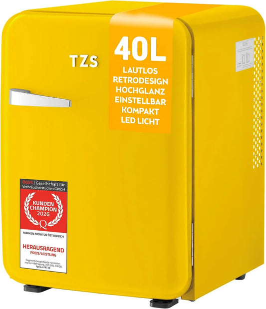 TZS First Austria, Minichladničky, TZS První Rakousko - Retro Mini Lednice 40L - Tichý - Vintage Minibar pro Ložnice, Žlutá, 40L, 22 dB, 34 l
