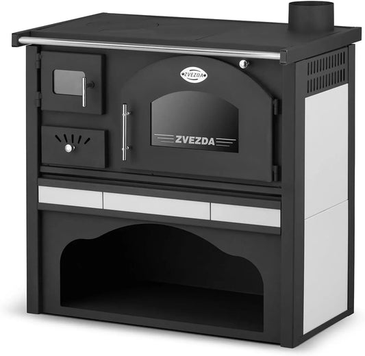BALKAN ENERGY BImSchV2, Sporák na dřevo, sporák na nádobí, kuchyně, trouba na nádobí a pánev ZVEZDA, Černá / stříbrná, 5.9kW