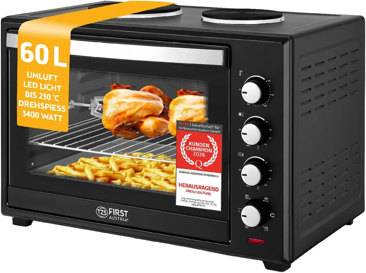 TZS First Austria, Mini trouby, TZS První Rakousko - Mini trouba s horkými deskami 60L 3200 W - Mini trouba pizza, Černá / stříbrná, 60L, 3200 W