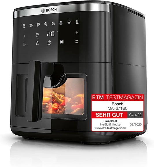 Bosch MAF671B0, Horkovzdušné fritézy, Hot Air Fryer Series 6, XXL 7.2 L kapacita, 7 přednastavených programů, osvětlené, Černá, 7.2 L