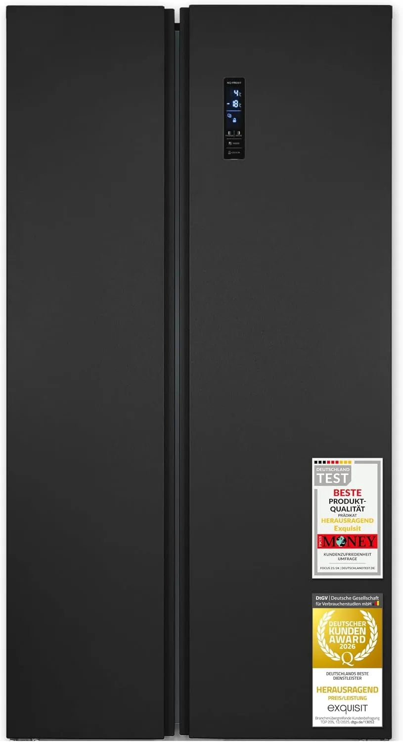 Exquisit SBS546-040E, Kombinované chladničky s mrazákem, Extenzivní Side-by-side lednice NoFrost 442 litrů Inox, Stříbrná, 442 l, 39 dB, 150 W