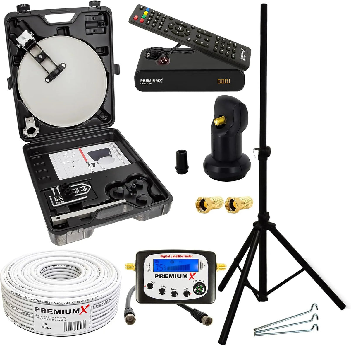 Premium X, ZXQKEEP0QXZ, X, Satelitní nádobí, ZXQKEEP1QXZX Camping Satelitní systém Satelitní miska HD TV přijímač SAT-Finder, Černá, 0, 1 dB, 4K