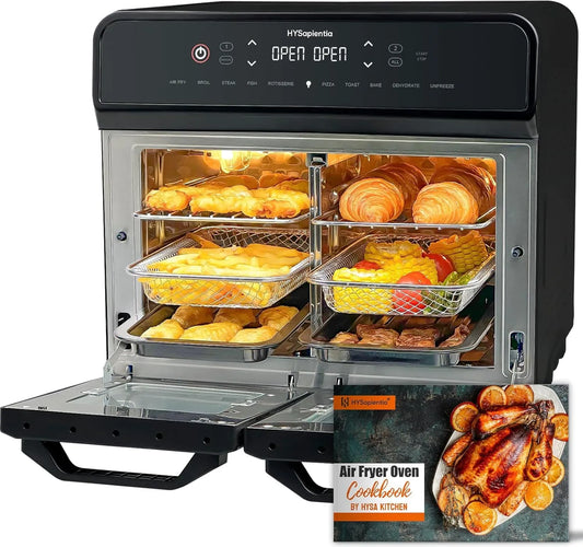 HYSapientia, Horkovzdušné fritézy, 22L fritor na teplý vzduch 2 komory XXL mini trouba s cirkulujícím vzduchem, LED, Stříbrná, 22L, 2400W