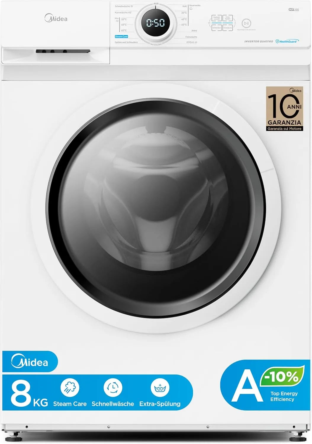 Midea A-10 MF10EW80BA10, Pračky, Myčka 8 kg energie třídy % 1400 ot. / min. bílá, 8 kg, 0, 424 kW, 850 × 595 × 475 mm