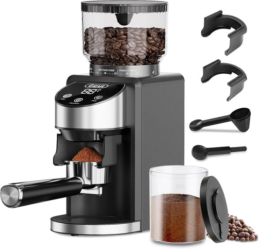 Gevi, Kombinace espresso stroje a kávovaru, Elektrický mlýn na kávové zrno, brusný kávovar, 35 nastavitelných nastavení, Černá / stříbrná, 58 mm
