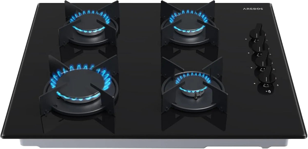 Arebos, Varné desky, Gas Kochfeld 60cm 4 hořáky, Černá, 60cm, 2400W, 1800W, 1000W