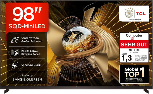 TCL HDR10 98X11L, Přenosné televizory, + SQD-Mini LED 98 palců TV, 4K Smart TV, Google TV, Černá, 98X11, Mini LED, 4K, 2 cm