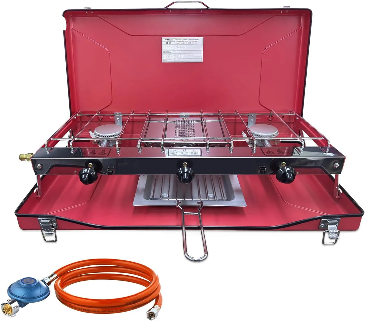 CAMPLUX 3-Flammig JK-5330-DE, Zařízení pro vaření, Campingkocher 3- plamen s víkem, 4.5kW Kemp Gas Kocher s 50mbar regulátorem, Černá, 4.5kW