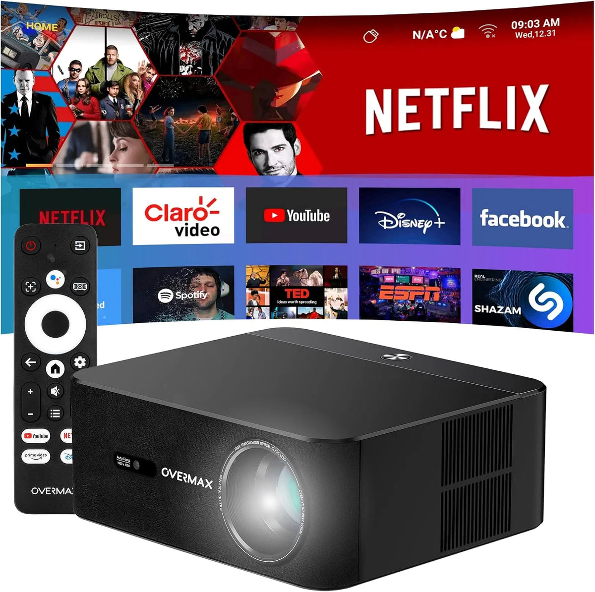 Overmax 1080P, Projektory, Přemaxový projektor 4K Full HD Multipic 5.2, Google TV, Wi-Fi a, Černá, 4K, Full HD, 2.6 kg, 200 '