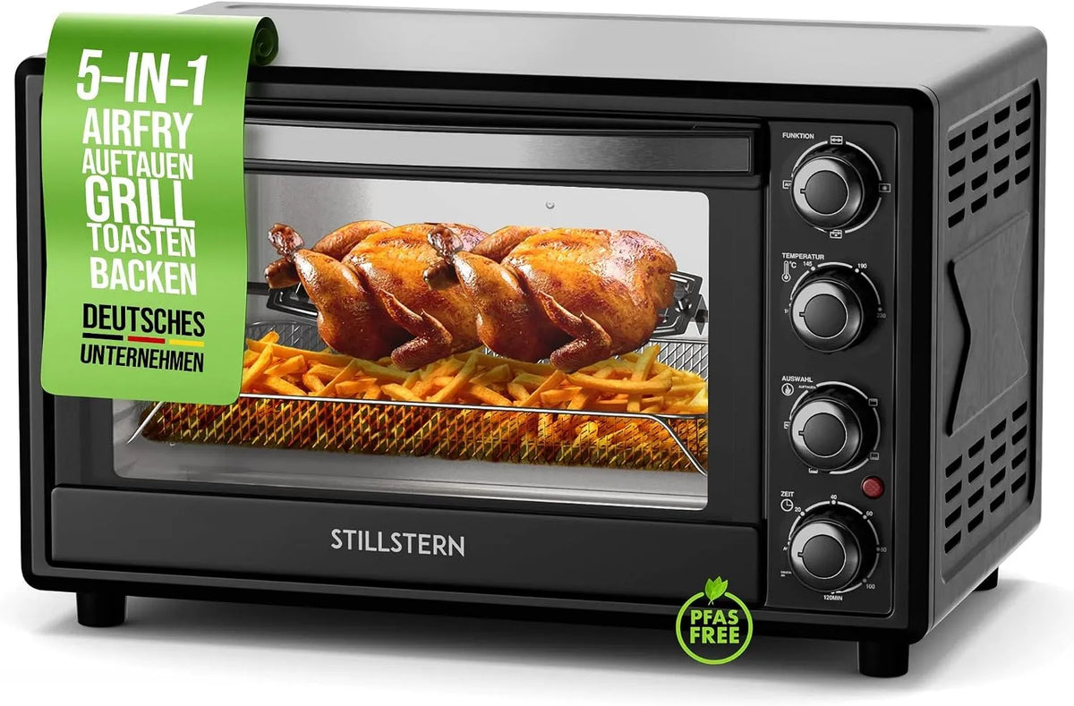 Stillstern, Mini trouby, Mini- pečení trouba s recirkulací vzduchu 35L (DE verze) Pizza Ø28, CYCLONE PRO +, Černá / stříbrná, 35L, 1G, 3G